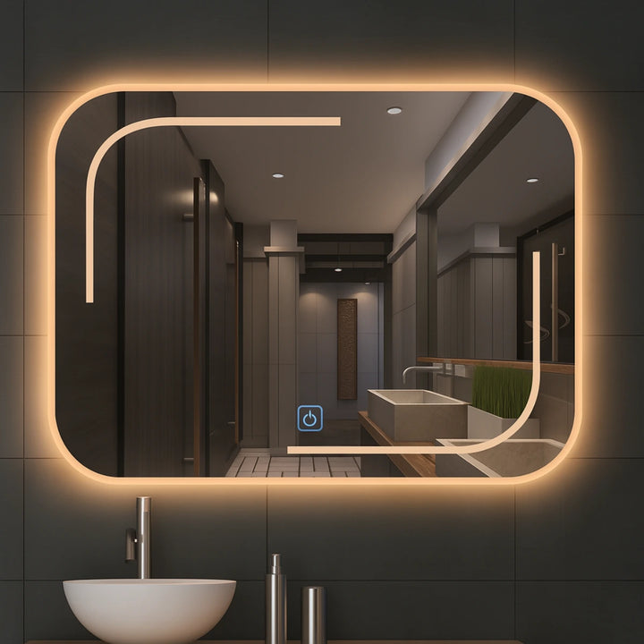 LumeGlow L1013 LED mirror front view, featuring sleek design and enhanced bathroom lighting.