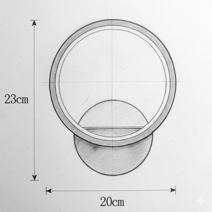 Dimension view of Lumen Ring wall light showing its circular size, sleek frame, and modern design.