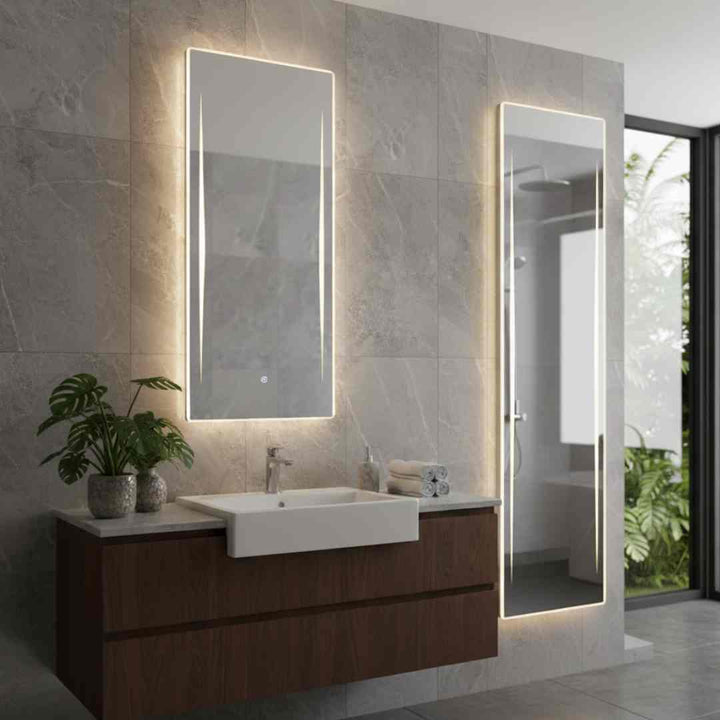 Lumi L-1164 LED bathroom mirror in washroom view with 3-color adjustable modern lighting