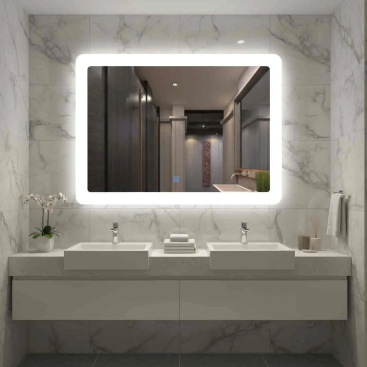 Lumi L-1010 LED bathroom mirror with 3-color light in a luxury bathroom setting