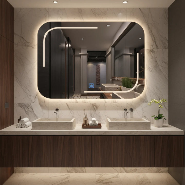 Lumi Reflect L1013 150cm full-length modern wall mirror styled in a luxury washroom setting