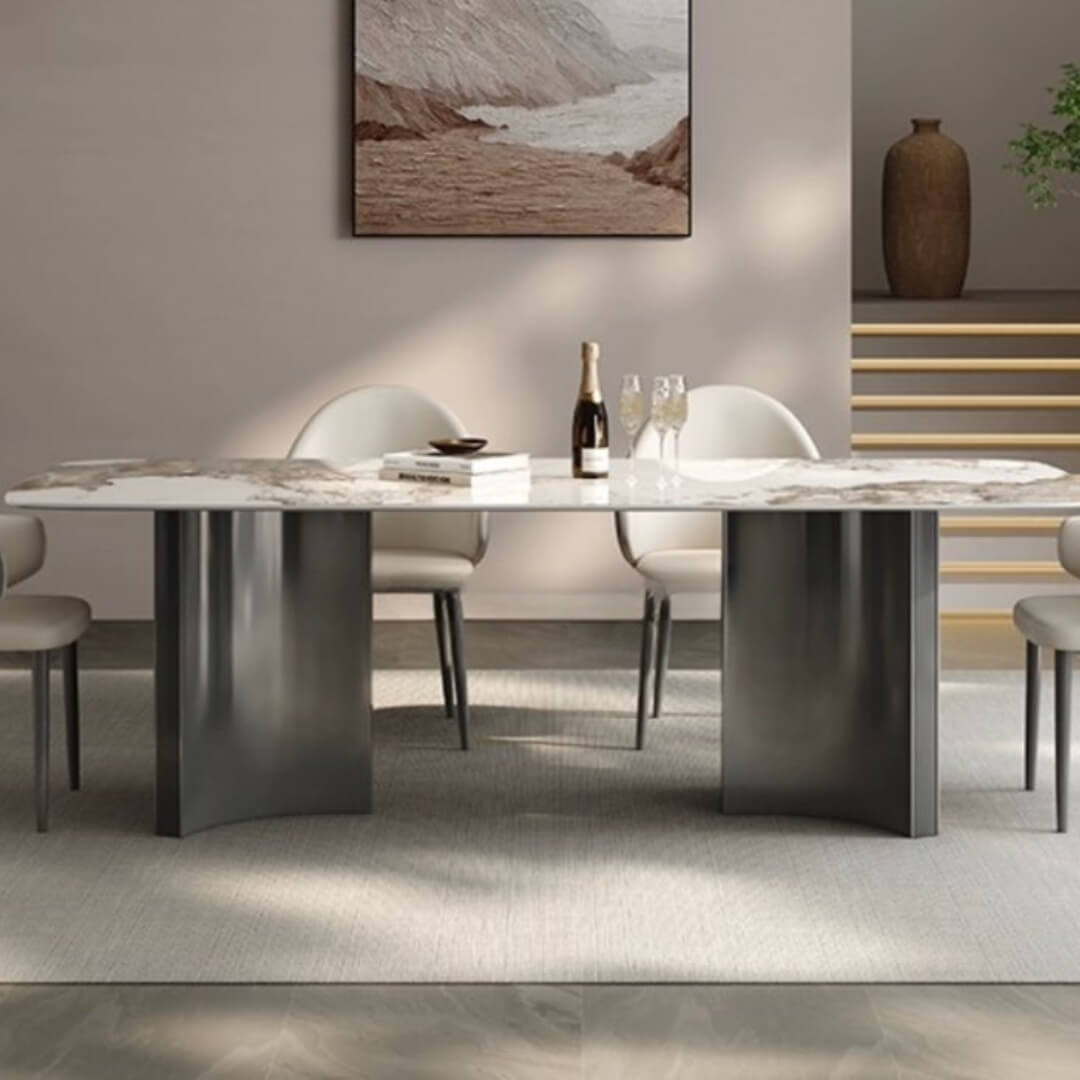Lumina dining table 180cm with elegant marble top and sturdy stainless steel base, perfect for modern dining rooms