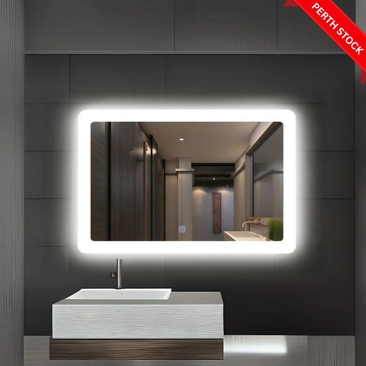 Front view of Lumina L1010 LED mirror featuring sleek frame, built-in lighting, and modern design