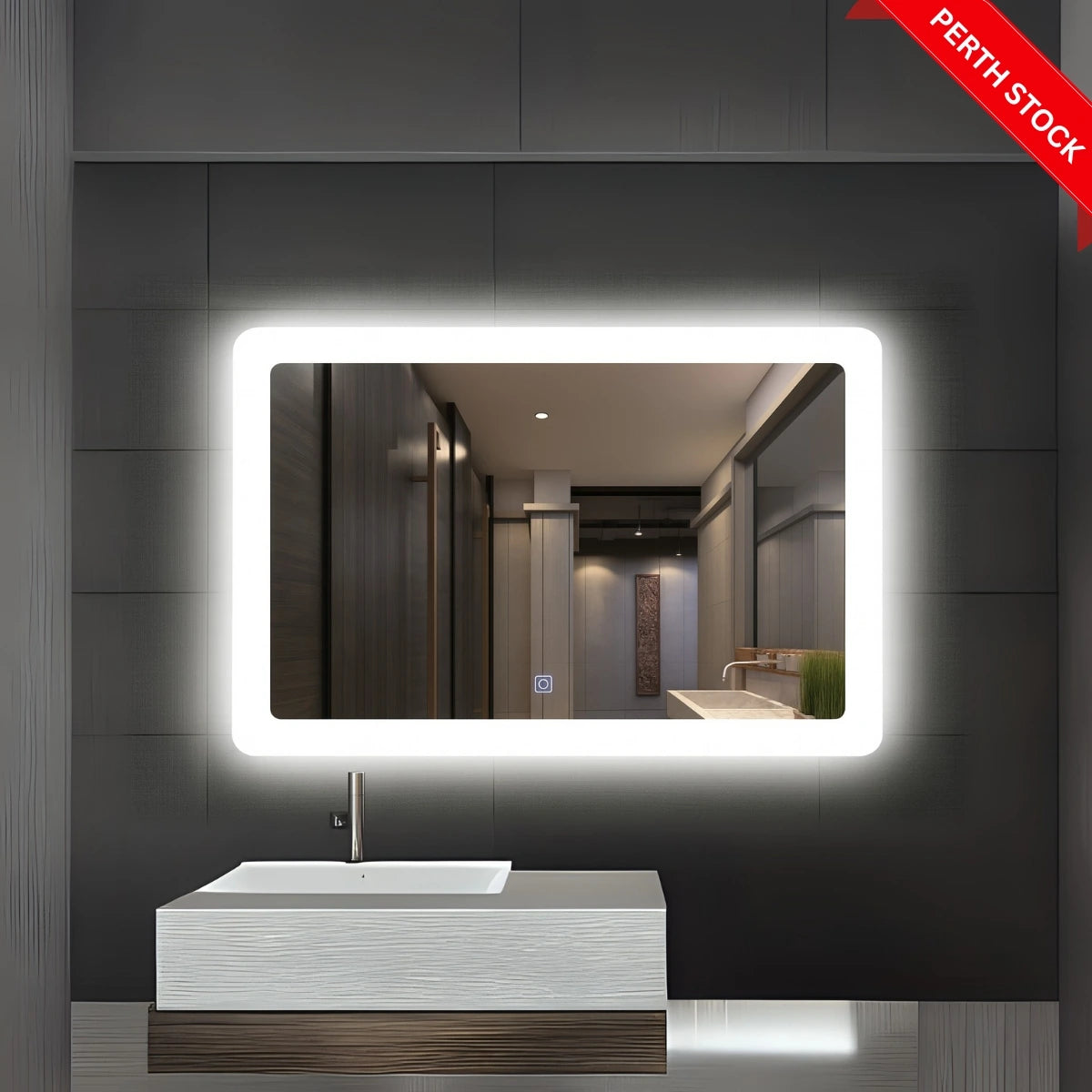 Front view of Lumina L1010 LED mirror featuring sleek frame, built-in lighting, and modern design