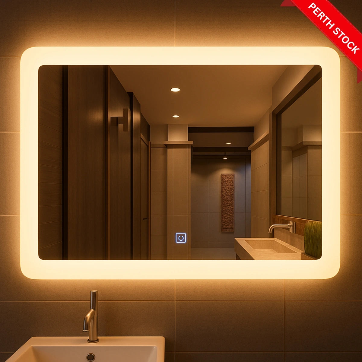 Front view of Lumina L1010 LED mirror featuring sleek frame, built-in lighting, and modern design