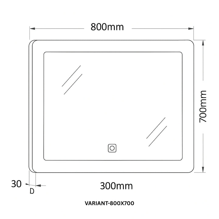 Front view of Lumina L1010 LED mirror with 800x700mm dimensions, sleek design, and integrated lighting