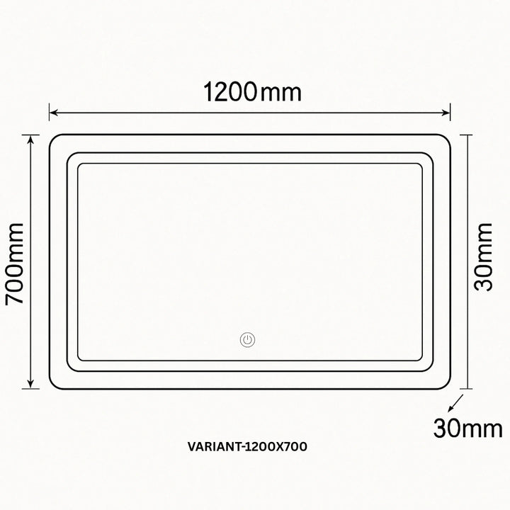 Front view of Lumina L1010 LED mirror with 1200x700mm size, slim 30mm profile, and modern lighting