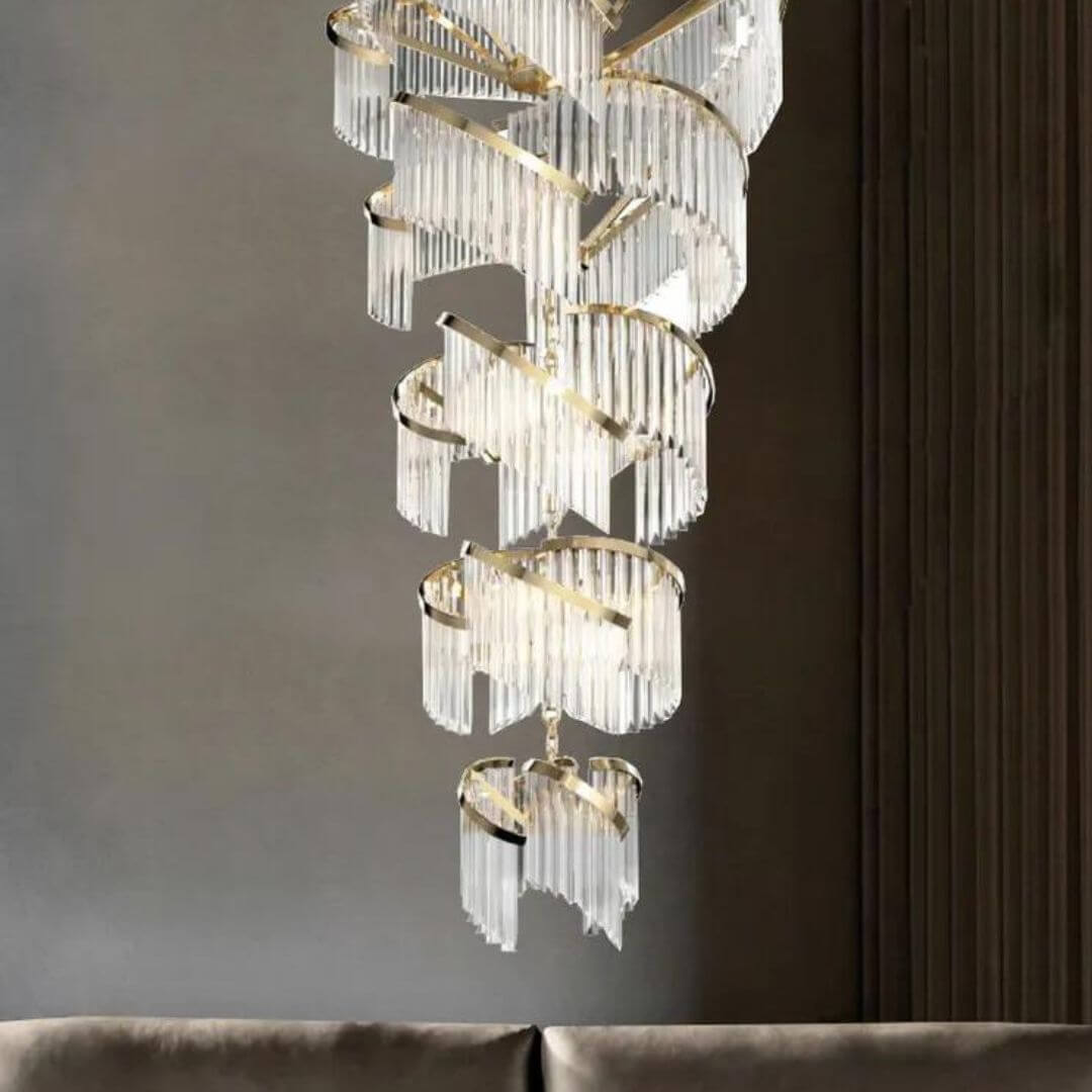 Luminary Glass Chandelier Light turned on in living room, illuminating the space with soft, warm light and modern white-painted glass design