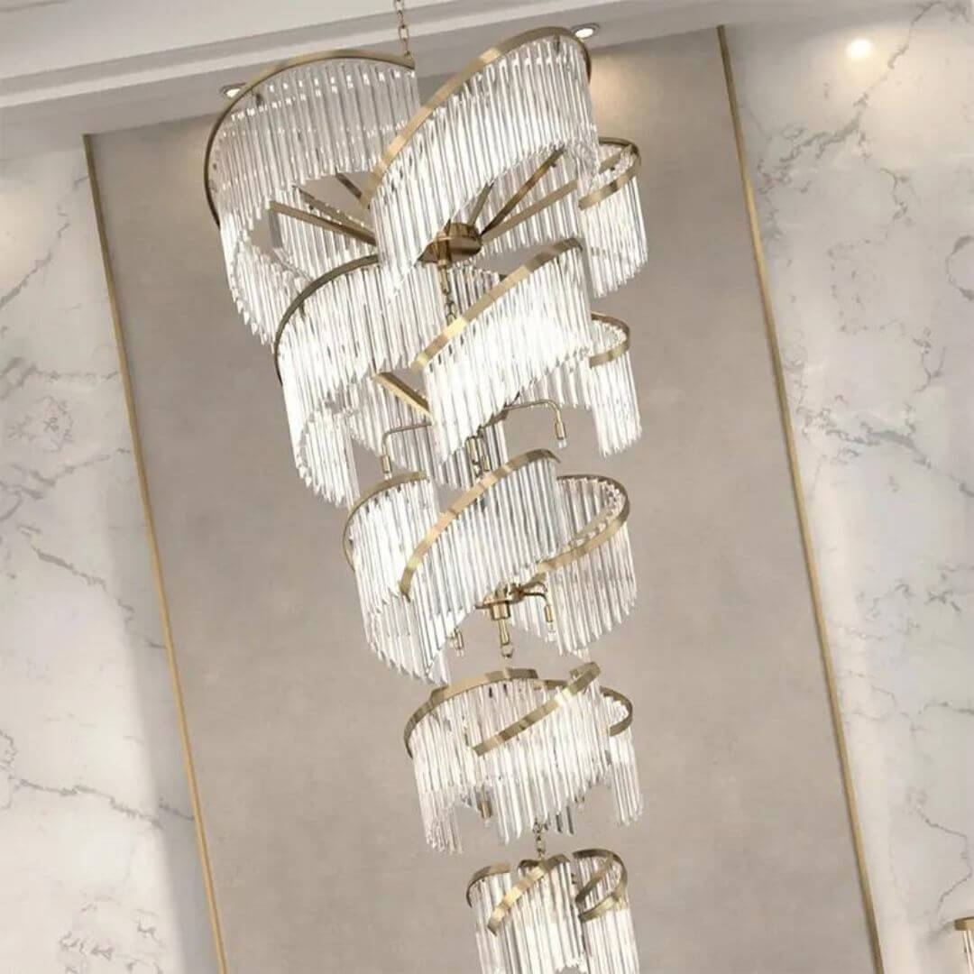 Luminary Glass Chandelier Light turned on, emitting warm, ambient illumination through elegant glass shades for a cozy and modern atmosphere.
