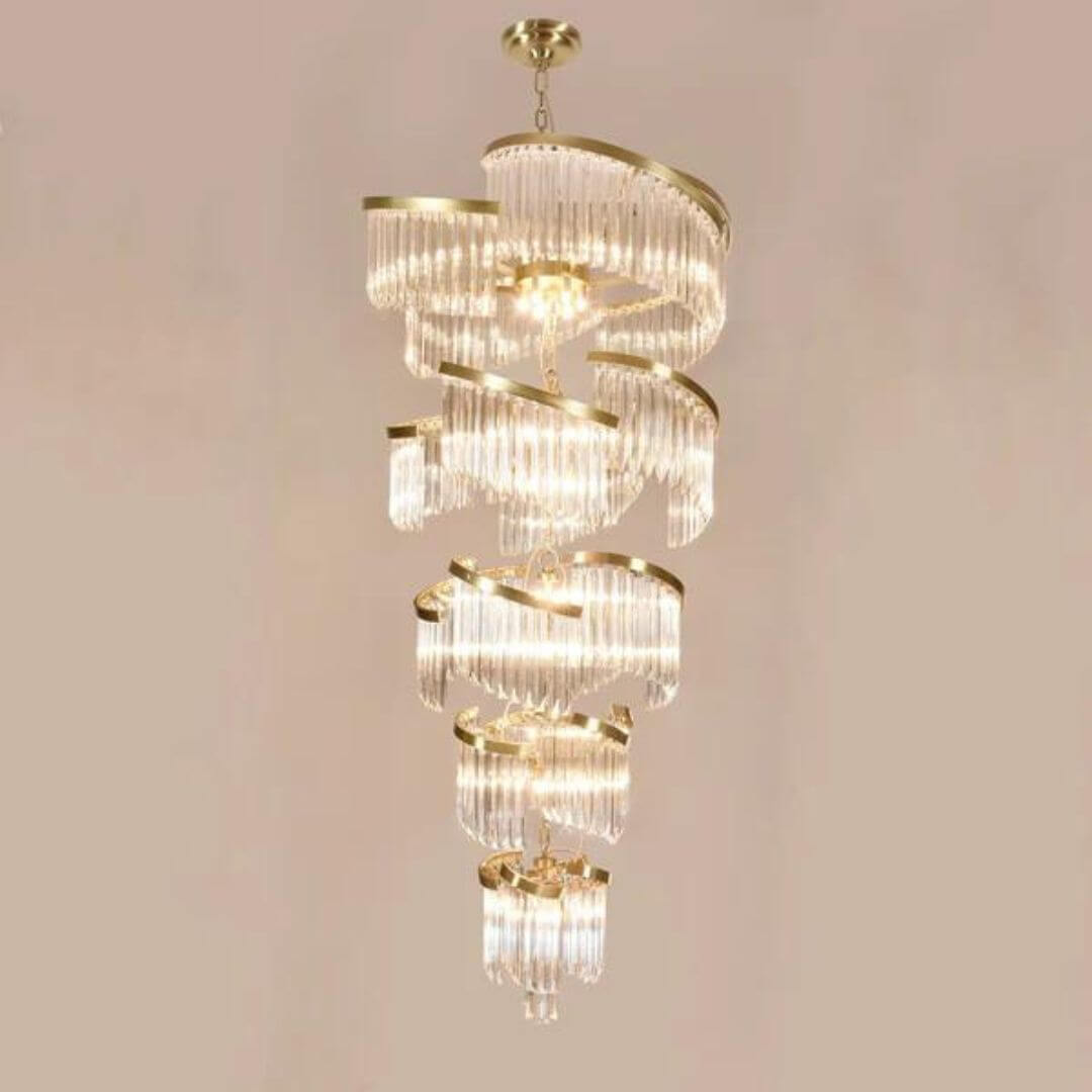 Luminary glass chandelier light turned on, casting radiant glow and elegant reflections for a luxurious ambiance.