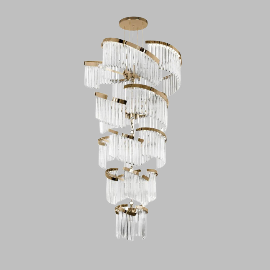 Luminary glass chandelier light turned on, casting radiant glow and elegant reflections for a luxurious ambiance.