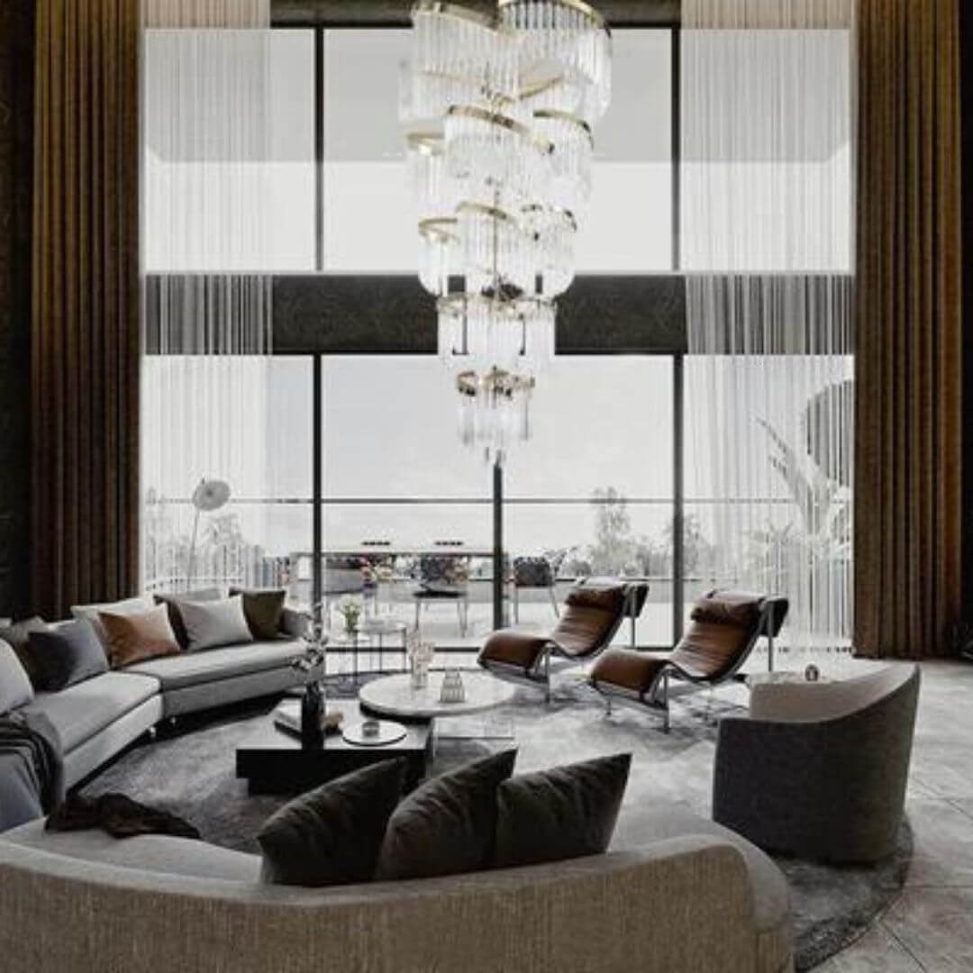 Luminary Glass Chandelier Light in the living room, adding a touch of modern elegance with soft, radiant illumination and sleek glass design.