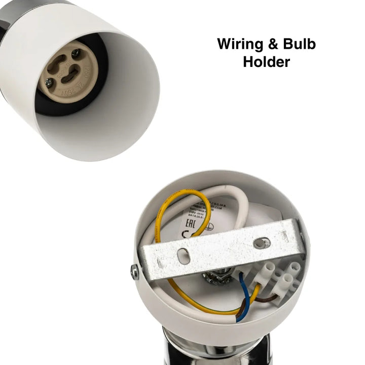 Luminea Spotlight GU10 wall and ceiling light chrome wiring and bulb holder view