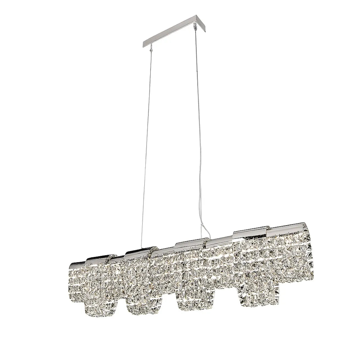 Luminous Cascade linear LED crystal chandelier, elegant and modern lighting for luxurious spaces.