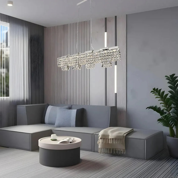 Luminous Cascade linear LED crystal chandelier, luxury ceiling light for elegant home decor.