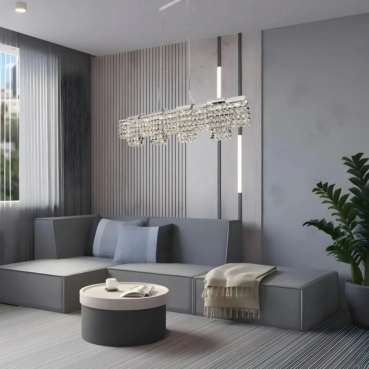 Luminous Cascade linear LED crystal chandelier, luxury ceiling light for elegant home decor.