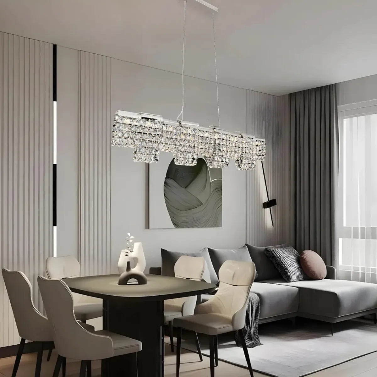Luminous Cascade linear LED crystal chandelier, modern luxury lighting for sophisticated interiors.