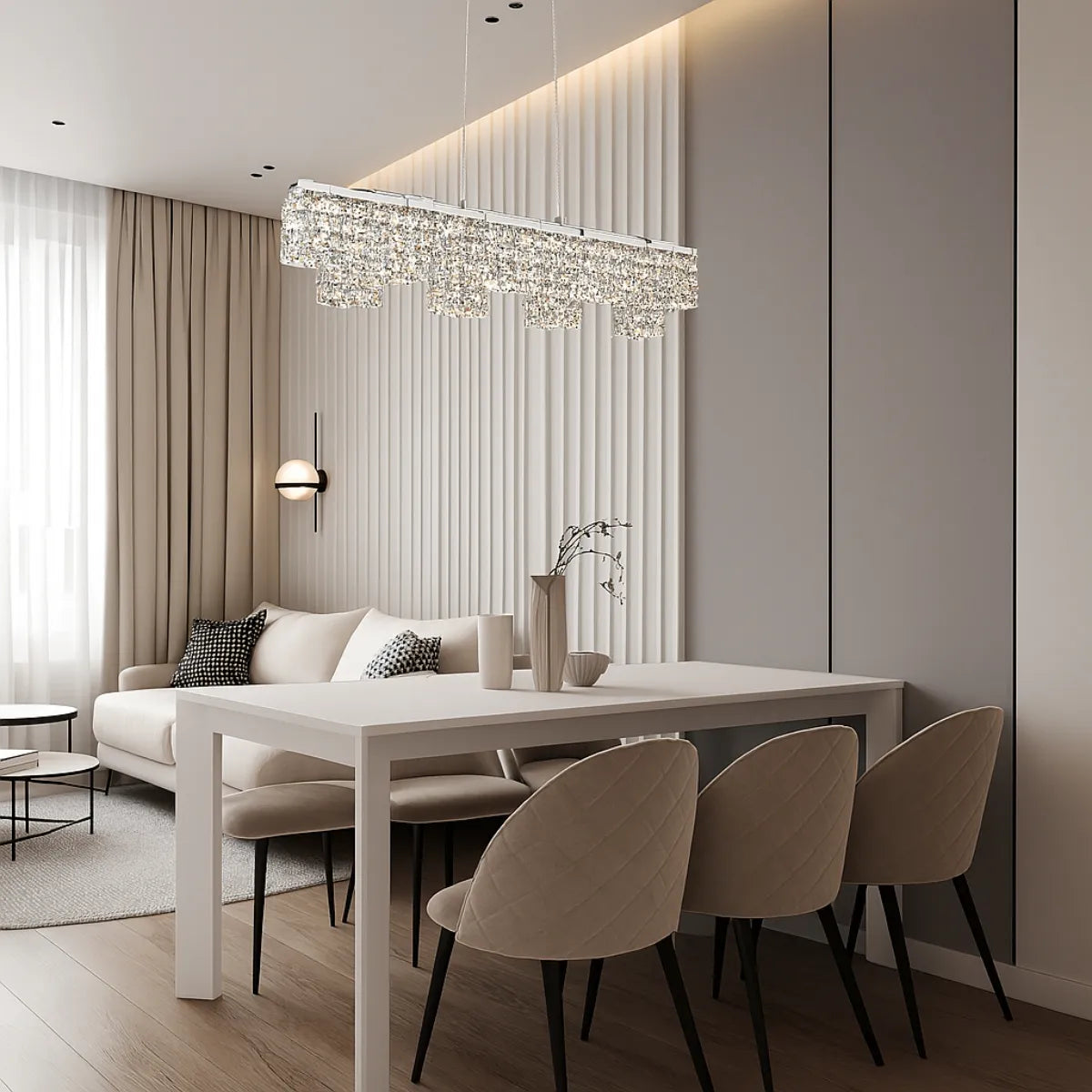 Luminous Cascade linear LED crystal chandelier, a sophisticated and elegant lighting fixture.