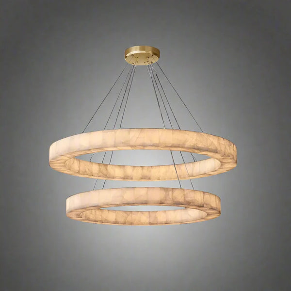 Full view of Luna Circulo alabaster chandelier featuring circular alabaster shades and elegant modern design.