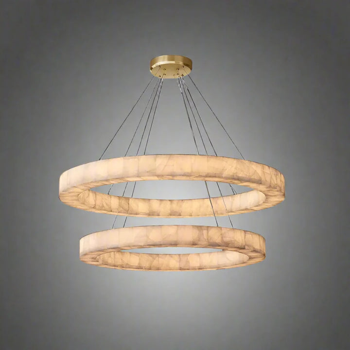 Full view of Luna Circulo alabaster chandelier featuring circular alabaster shades and elegant modern design.