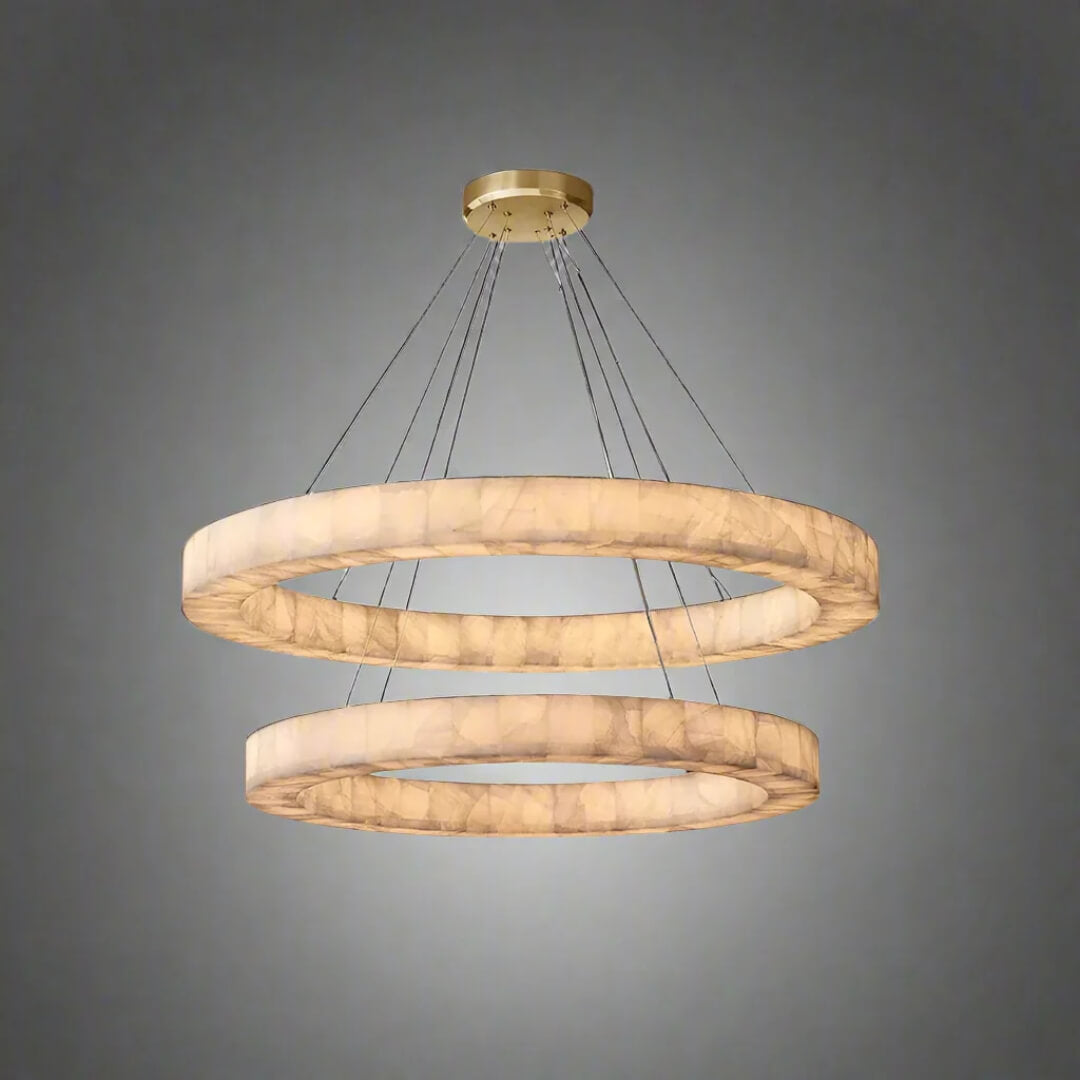 Full view of Luna Circulo alabaster chandelier featuring circular alabaster shades and elegant modern design.