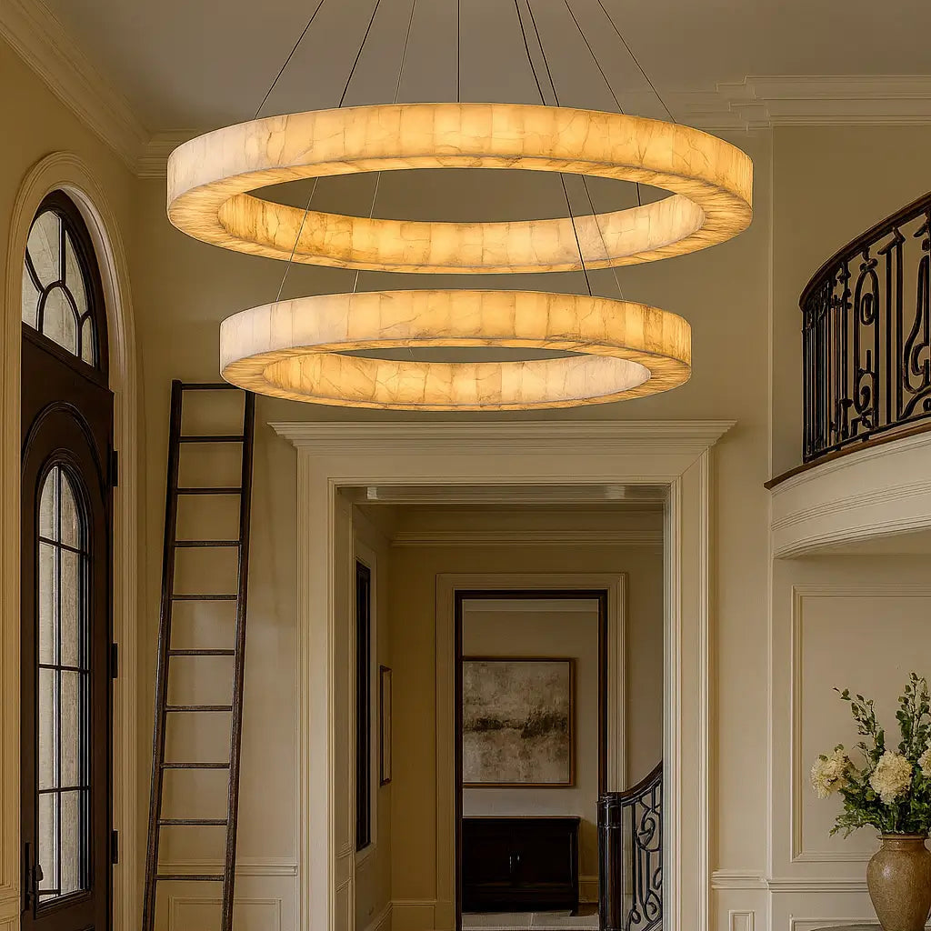 Full view of Luna Circulo alabaster chandelier featuring circular alabaster shades and elegant modern design.