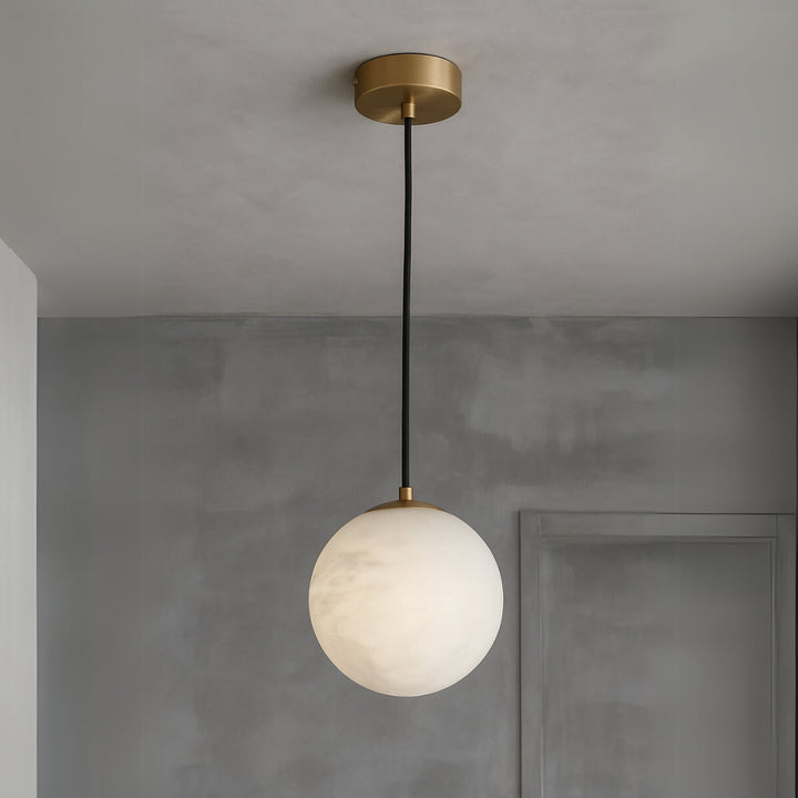 Luna Clara alabaster ball pendant light, front angle view