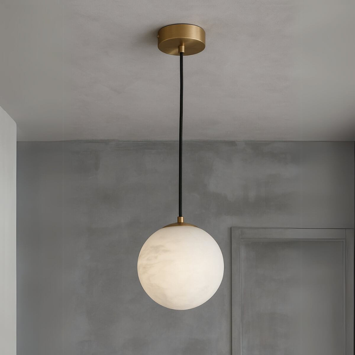 Luna Clara alabaster ball pendant light, close-up front view