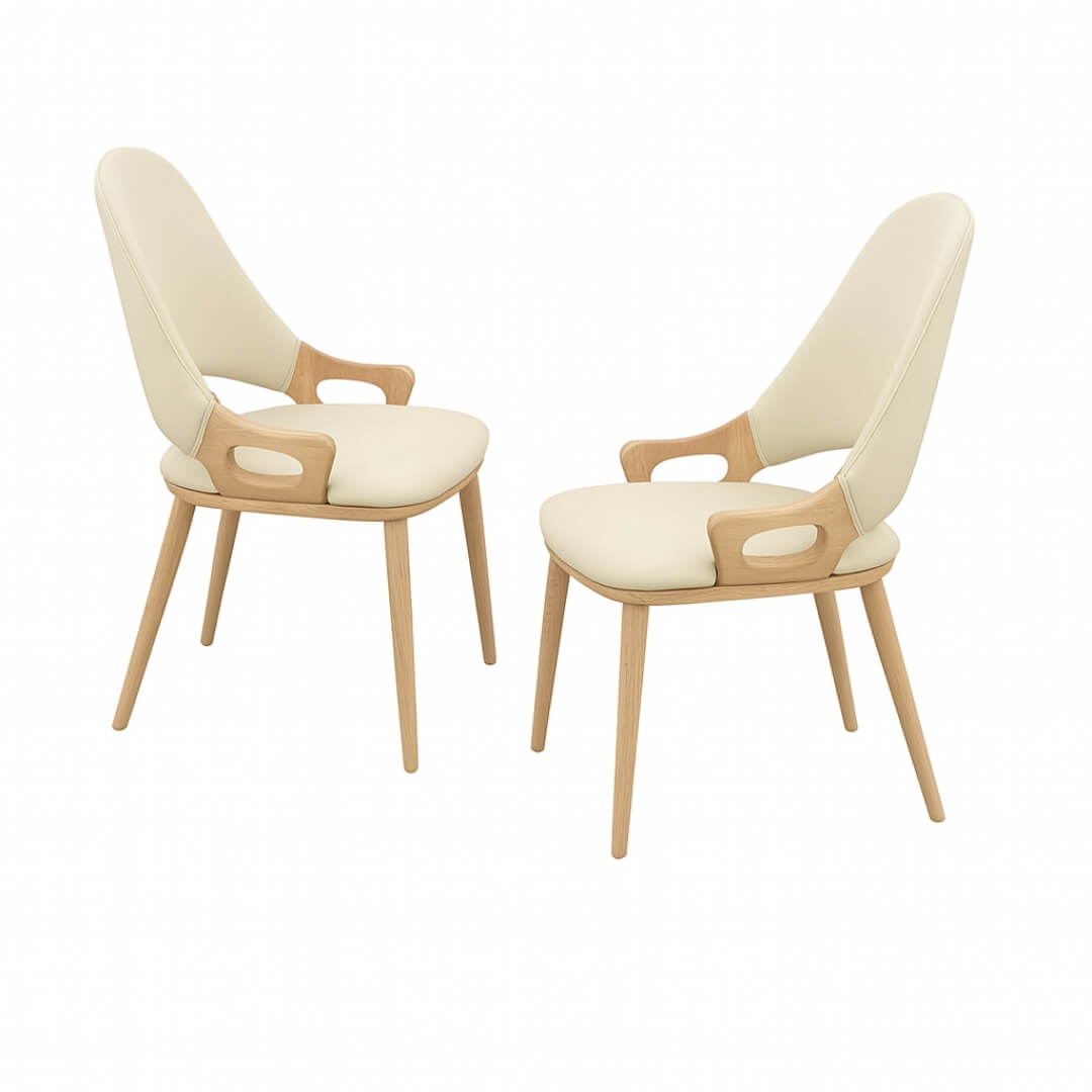 Side view of Luna Curve Chair with beige leather and oak wood frame for modern interiors