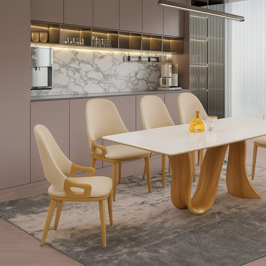 Side view of Luna Curve Chair with beige leather and oak wood frame for modern interiors