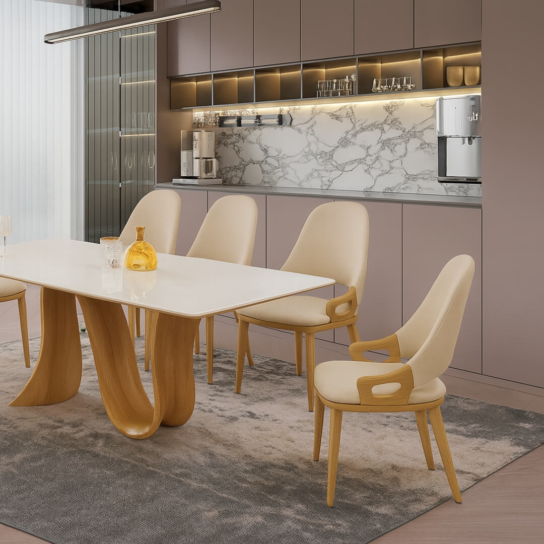 Luna Curve Chair in beige leather with oak wood frame, side view at dining table setting