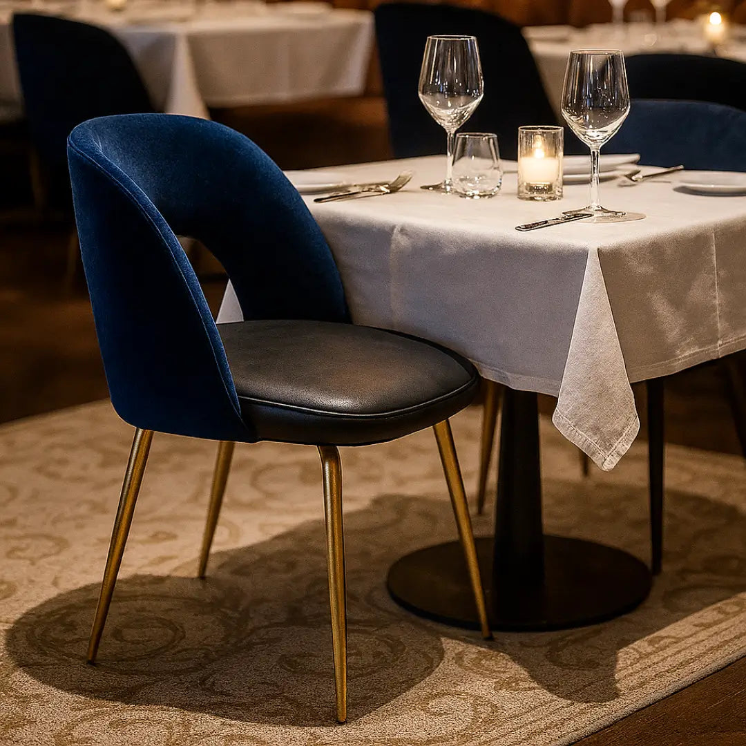 Side View of Luna Velvet Dining Chair in Navy and Gold – Elegant Modern Dining Seating