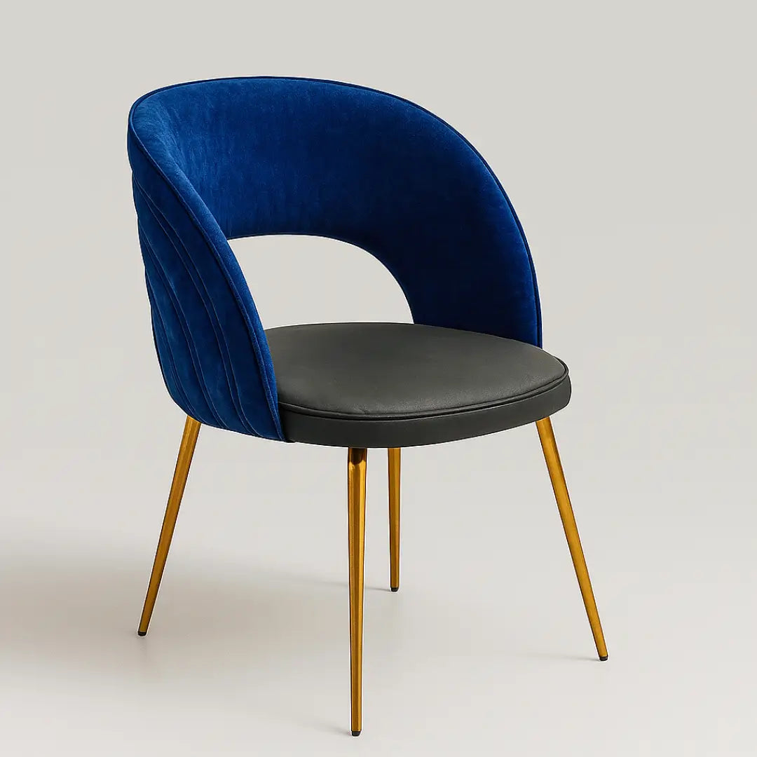 Luna Velvet Dining Chair Navy &amp; Gold – Side and Front View of Elegant Dining Seating