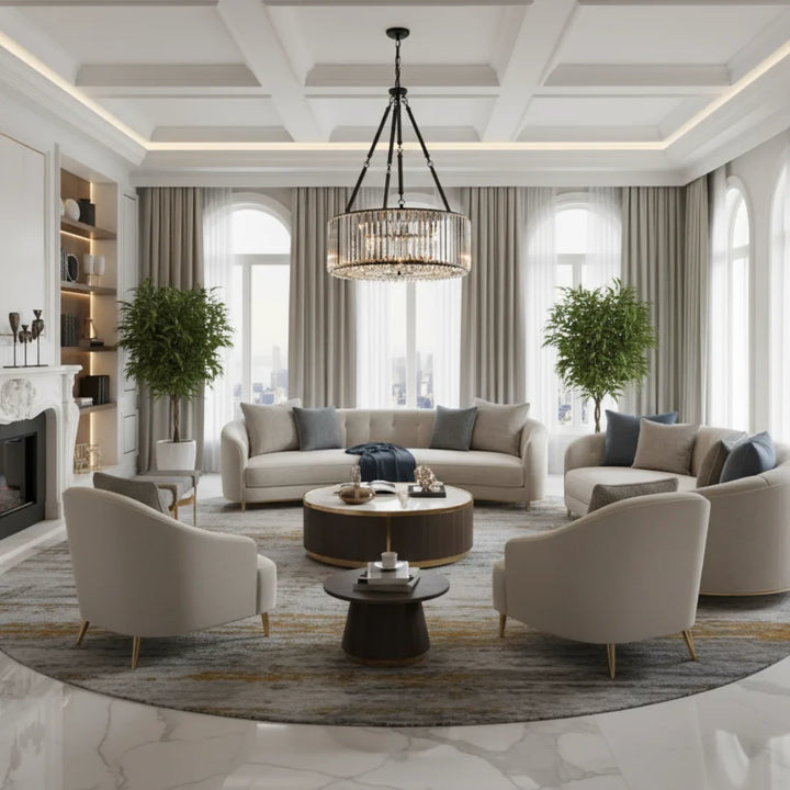 Lunara Elegance Black K9 Crystal Chandelier illuminating a modern living room with luxurious ambiance