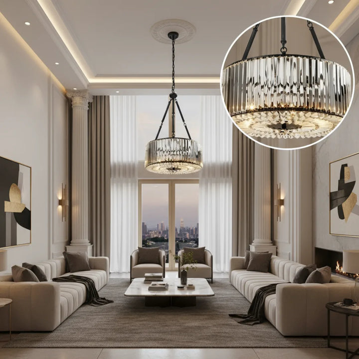 Front view of Lunara Elegance Black K9 Crystal Chandelier illuminating a luxurious modern living room