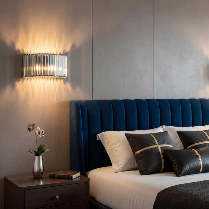 Lunara Elegant Black Metal K9 Crystal Wall Light mounted on bedside wall, adding elegant ambient lighting