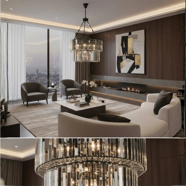 Detail View of Lunara Luxury K9 Black Crystal Chandelier in Living Room Elegant Lighting