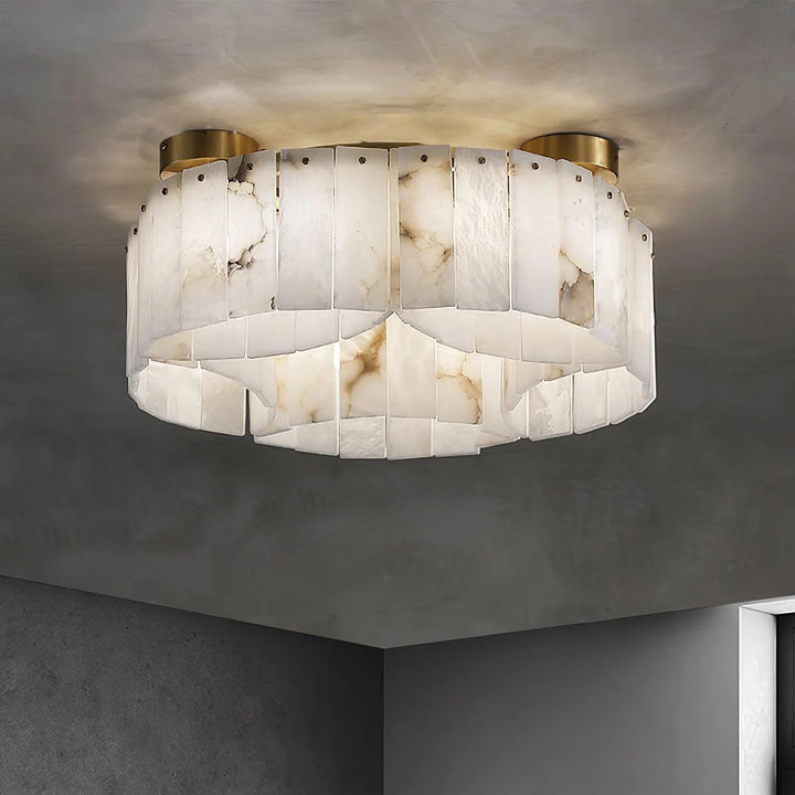 Luxe Alabaster Brass ceiling lamp – ceiling view of modern elegant hanging light fixture