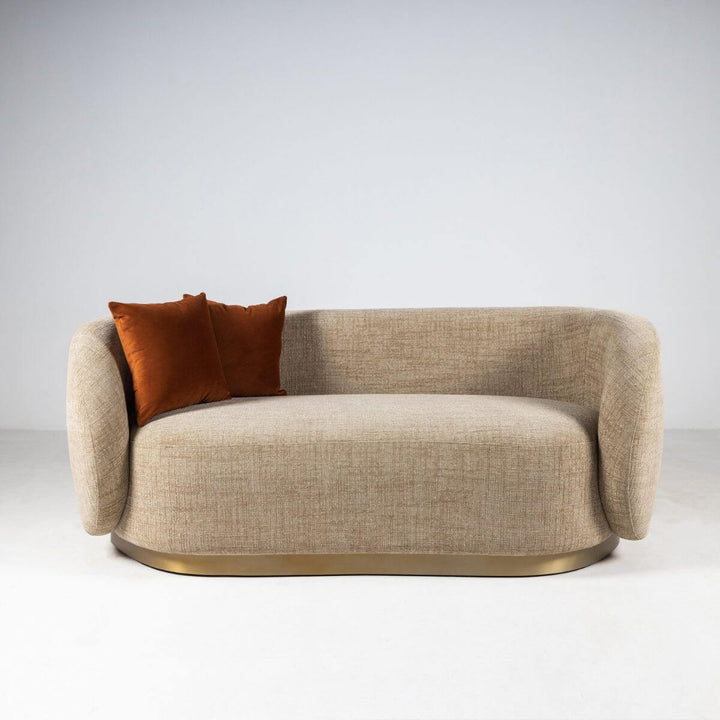 Front view of Luxe Living cotton linen two-seater sofa showcasing plush cushions and clean design