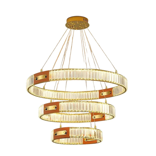 Elegant luxury crystal chandelier with cascading prisms, illuminating a modern living room with ambient lighting and upscale interior design.