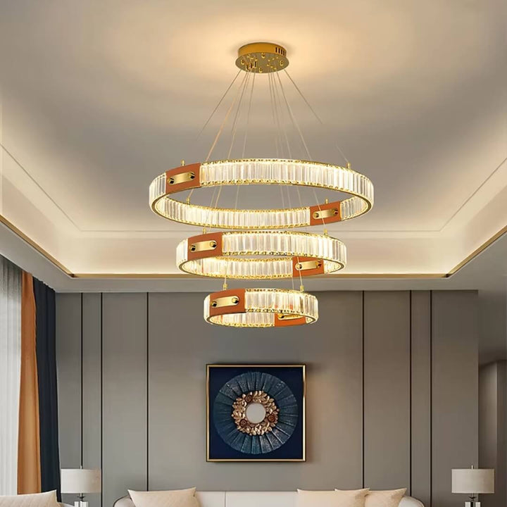 Kian crystal pendant light modern chandelier installed in living room, featuring sleek design and sparkling crystals
