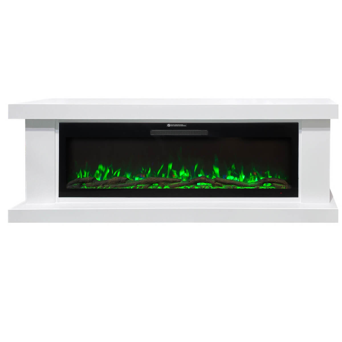Close-up of luxury 2m electric fireplace with WiFi and mantel, showcasing modern flame detail and design