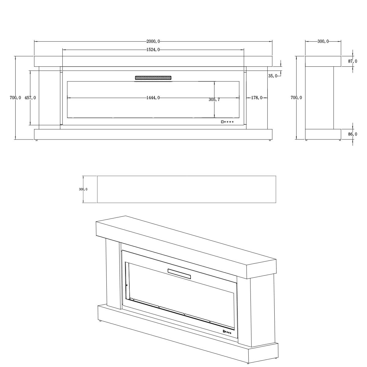 Luxury electric fireplace dimension details showing size specifications for modern home installation