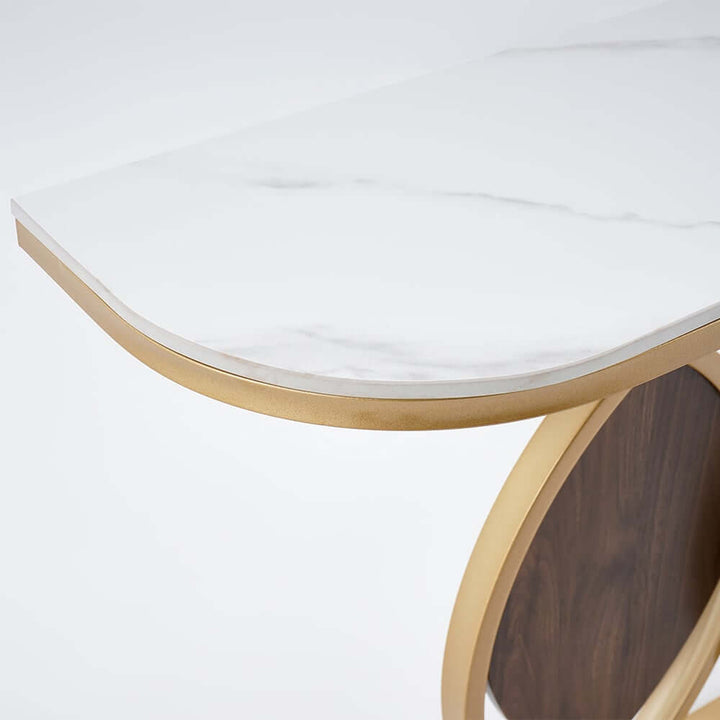 Upper view of luxury leaf design console table featuring sintered stone top and gold accents