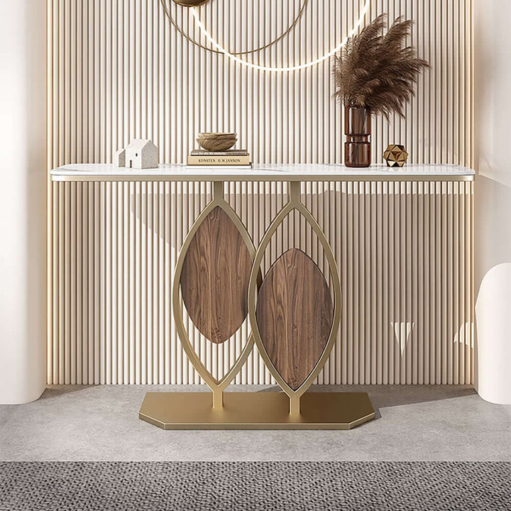 Front side view of luxury leaf design console table with sintered stone top and elegant gold accents