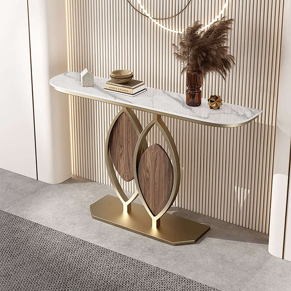 Side angle view of luxury leaf design console table featuring sintered stone top and gold accent details