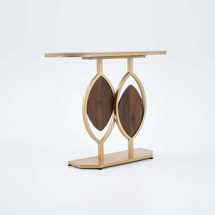 Close-up view of luxury leaf design console table highlighting sintered stone top and elegant gold accents