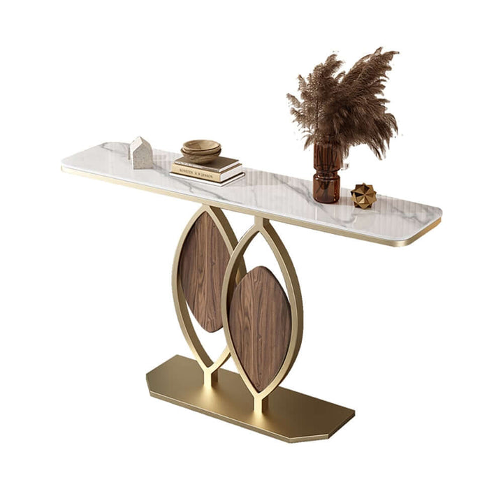 Luxury leaf design console table, sintered stone top with gold accents, side angle view