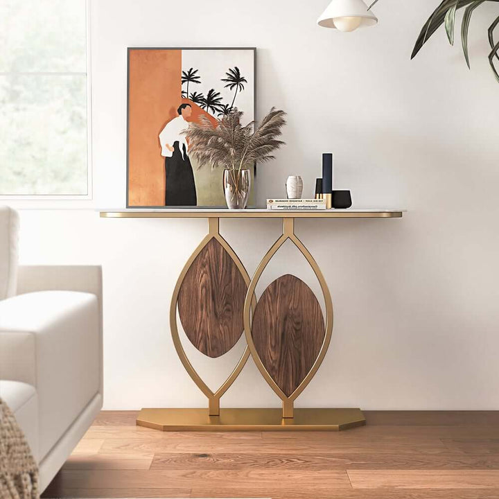 Luxury leaf design console table with stone top and gold accents