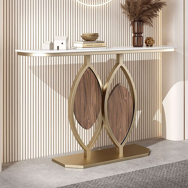 Left side view of luxury leaf design console table with sintered stone top and elegant gold accents